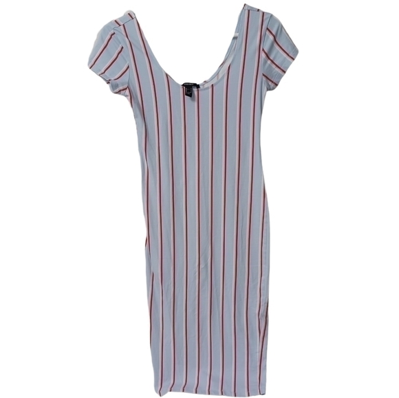 FOREVER 21 U-Neck Short Sleeve Stripe Midi Dress, Blue/Red/White - Picture 3 of 4